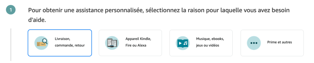 Capture d'écran des raisons de demande d'assistance Amazon