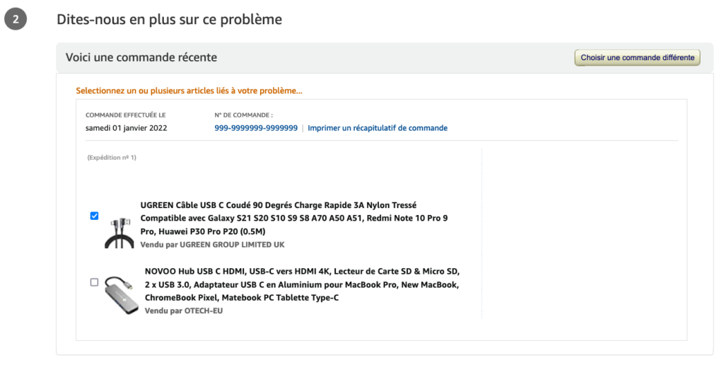 Capture d'écran de la sélection d'un article lié à un problème rencontré sur Amazon