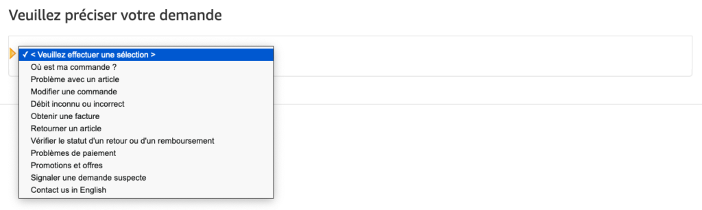 Capture d'écran du champ de sélection du problème rencontré sur Amazon