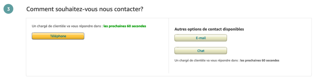 Capture d'écran des façons de contacter Amazon