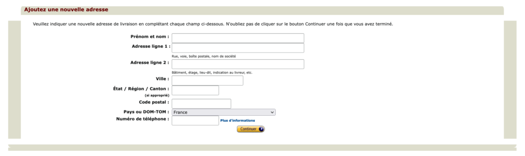 Capture d'écran du formulaire d'ajout d'adresse de livraison Amazon