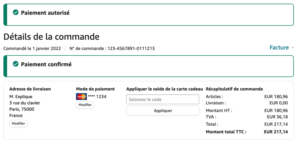 Capture d'écran de la confirmation de changement d'adresse d'une commande Amazon